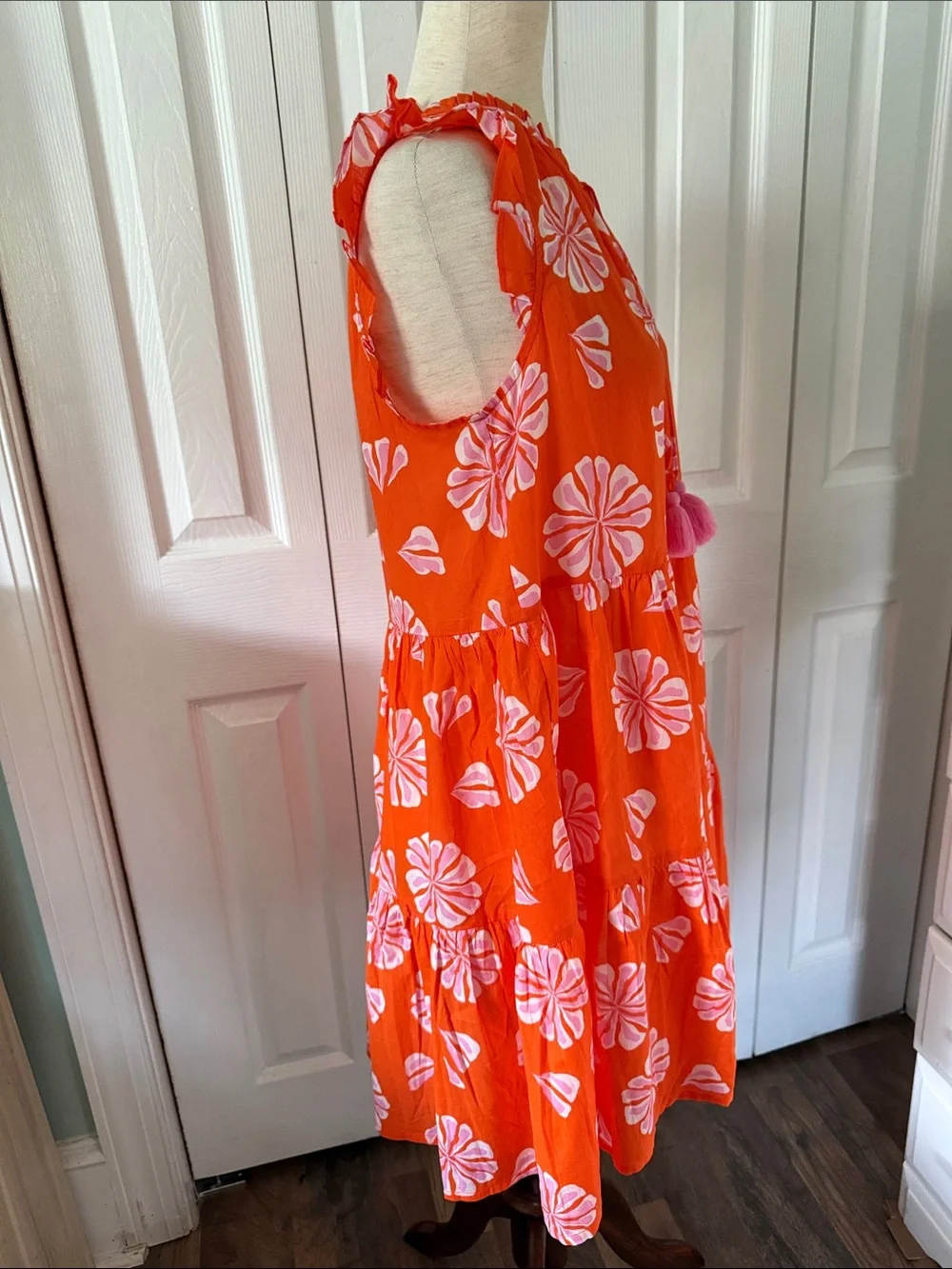 NWT J. Crew Cotton Orange Floral Tiered Dress with Pink Tassels Sz S